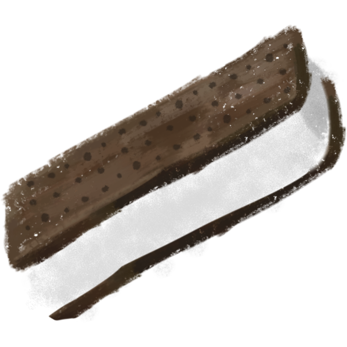 an ice cream sandwich. The image shows a rectangular bar with a layer of white ice cream sandwiched between two chocolate cookie wafers. The texture and shading give it a slightly rough, stylized look. 